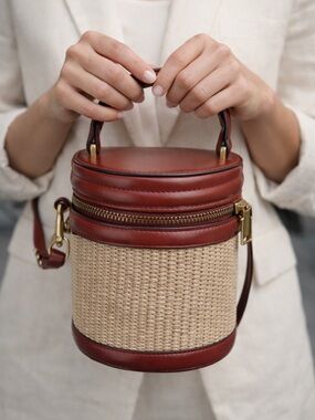 House of Harlow 1960 Red and Natural Straw Mini Bucket Crossbody Bag